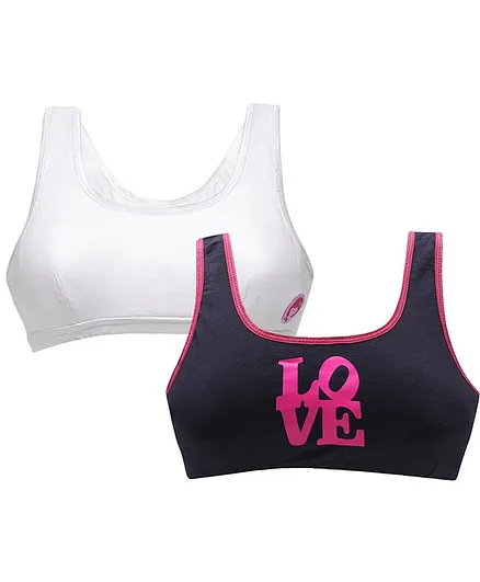 D'chica Pack Of 2 Solid & Love Printed Non Wired Beginners Bra - White & Navy Blue