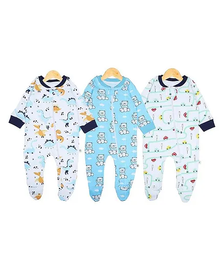 The Mom Store Pack of 3 Full Sleeves Bear Print Sleep Suits  - Blue