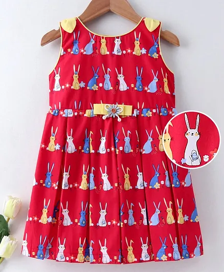 Enfance Core Sleeveless  Rabbit Printed Box Pleated Casual Dress - Red