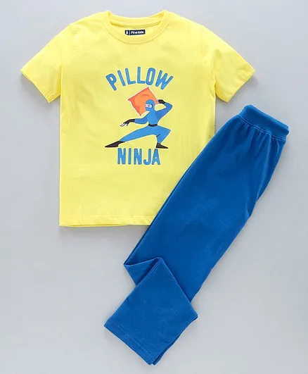 Pine Kids Half Sleeves Bio Washed T-Shirt & Pajama Set Ninja Graphic - Yellow & Blue