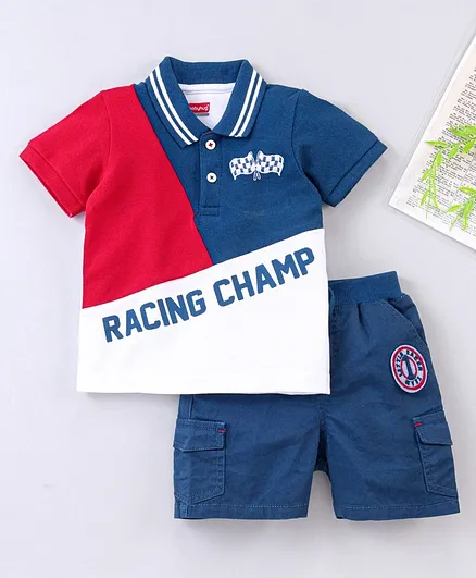 Babyhug Half Sleeves Tee & Shorts Racing Champ Print - Blue Red White