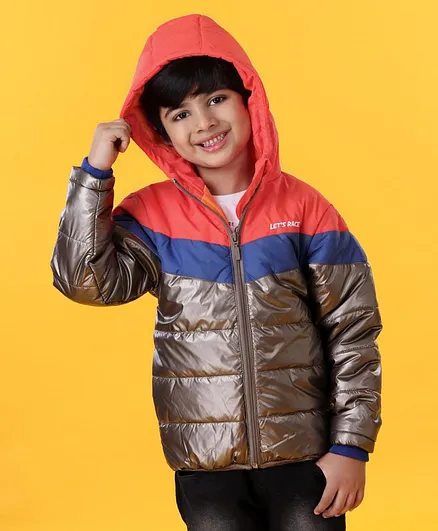 Babyhug Full Sleeves Hooded Padded Jacket  Let's Race Embroidery - Red Silver