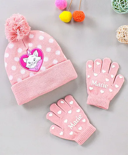 Babyhug Woollen Polka Dot Cap & Gloves Kitty Embroidery Pink - Diameter 11 cm