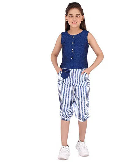 Cutecumber Sleeveless Shimmer Finish Top With Striped Capri Pants - Blue