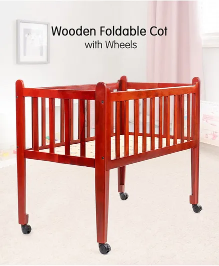 Wooden Foldable Cot with Wheels - Red