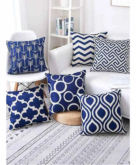 Elementary Premium Cotton Geometric Theme Cushion Covers Pack of 6 - Blue & White
