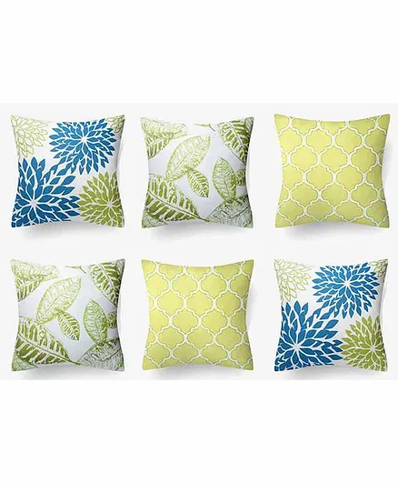 Elementary Premium Cotton Floral Theme Cushion Covers Pack of 6 - Blue Green