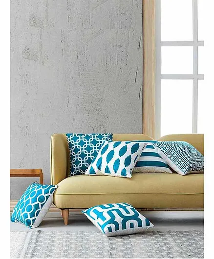 Elementary Plush Cotton Abstract Cushion Covers Pack of 6 - Aqua