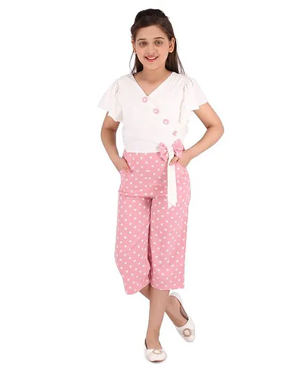 Cutecumber Half Sleeves Polka Dots Print Jumpsuit - Pink