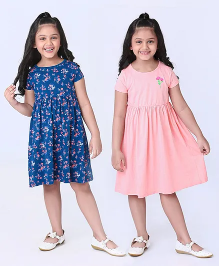 Honeyhap Half Sleeves 100% Cotton Silvadur Anti Microbial Finish Frock Floral Print Pack of 2 - Blue Pink