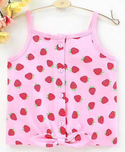 Babyhug Singlet Sleeves Tee Strawberry Print - Pink