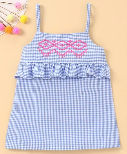 Babyhug Singlet Checks Poplin Top with Embroidery & Frill Detailing - Blue & White