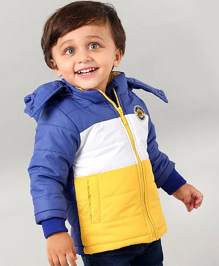 Babyhug Full Sleeves Color Block Hooded Jacket - Blue