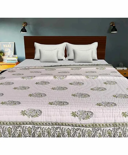 Mom's Home Organic Cotton Double Bed Quilt Leaf Print - Green 