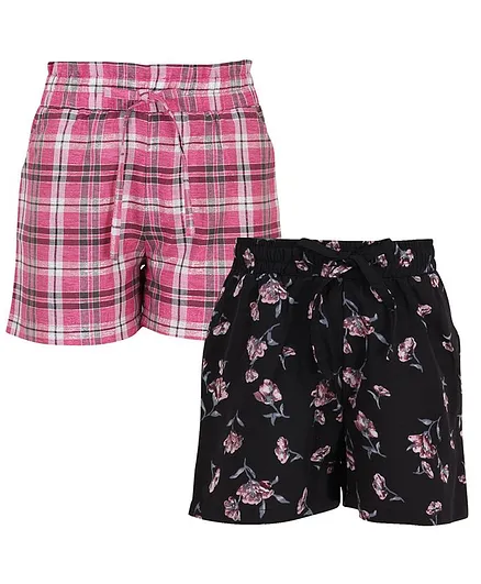 Cutecumber Pack of 2 Checkered & Floral Printed Shorts - Pink & Black