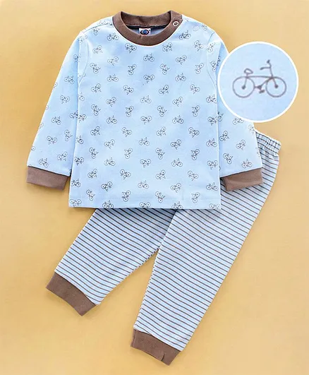 Zero Full Sleeves Tee and Lounge Pant Set Bicycle Print - Blue