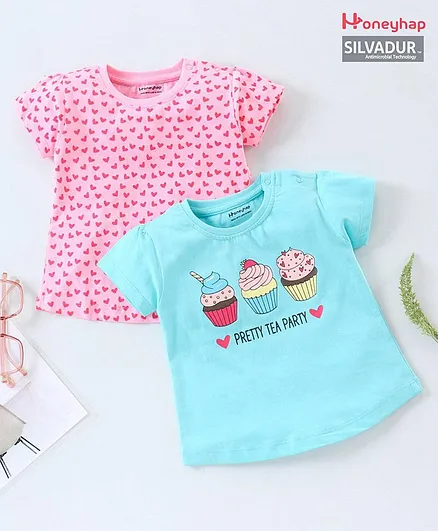 Honeyhap 100%Cotton Short Sleeves Tops With Silvadur Anti Microbial Finish Heart & Cupcake Print Pack of 2 - Blue Pink