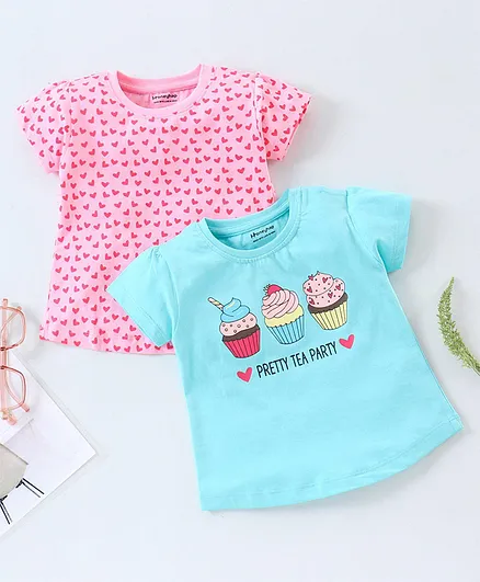 Honeyhap 100%Cotton Short Sleeves Tops With Silvadur Anti Microbial Finish Heart & Cupcake Print Pack of 2 - Blue Pink