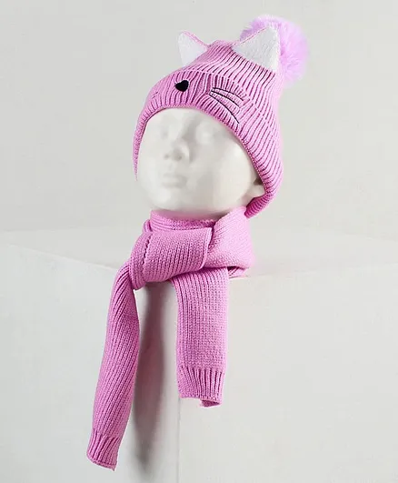 Babyhug Woollen Cap with Scarf Pink - Diameter 11 cm
