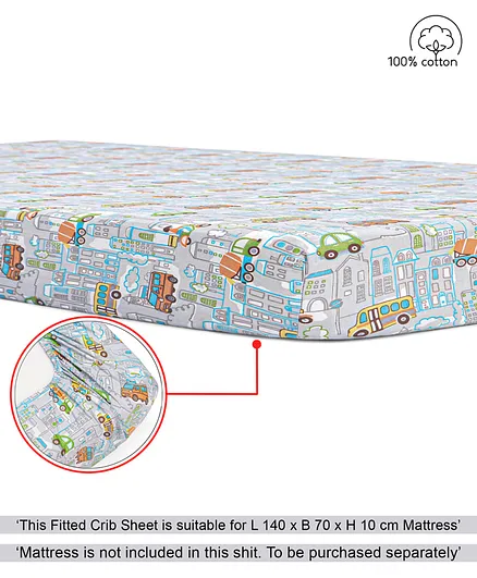Babyhug Premium 100% Cotton Fitted Crib Sheet Transport Print Large - Blue