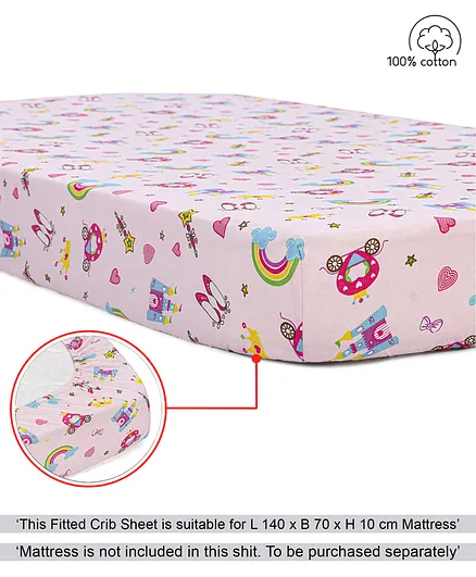 Babyhug Premium 100% Cotton Fitted Crib Sheet Castle Print Large - Pink