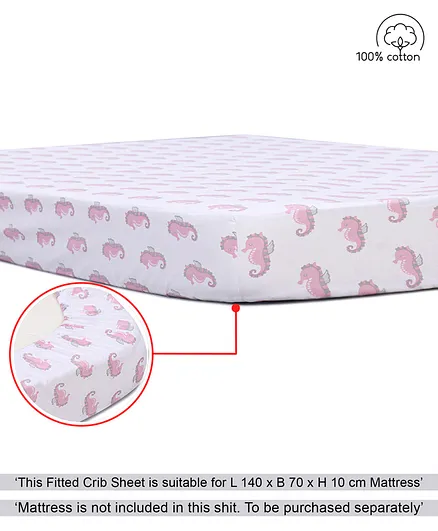 Babyhug Premium 100% Cotton Fitted Crib Sheet Seahorse Print Large - White & Pink