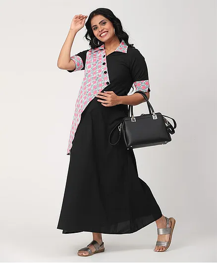 CHARISMOMIC Overlap Style Printed Full Sleeves Maternity Dress - Black