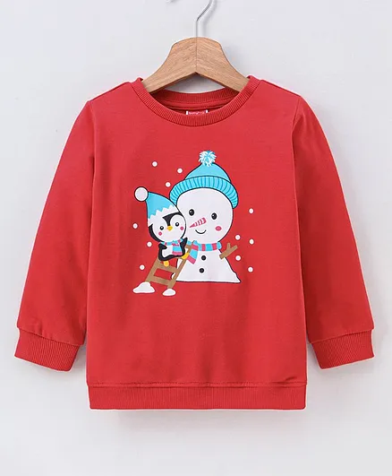 Babyhug Full Sleeves Sweatshirts Snowman Print - Red