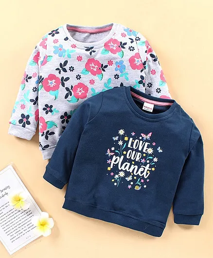 Babyhug Full Sleeves Sweatshirt Floral Print Pack of 2 - Blue Grey