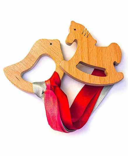 Rocking Potato Beech Wood Bird and Horse Shaped Teether with Ribbons Pack of 2 - Beige