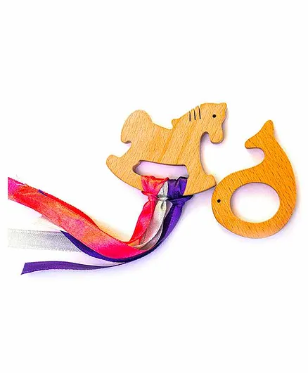 Rocking Potato Beech Wood Fish and Horse Shaped Teether with Ribbons Pack of 2 - Beige