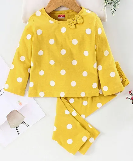 Babyhug Full Sleeves Night Suit Polka Dot Print - Yellow