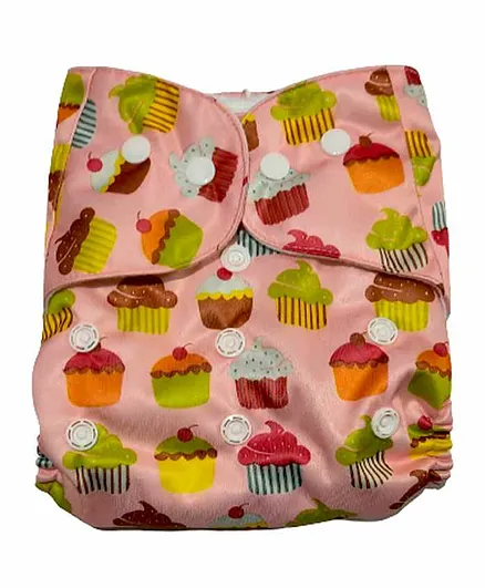 The Mom Store Cupcakes and Muffins Printed Reusable Cloth Diaper With Insert - Pink