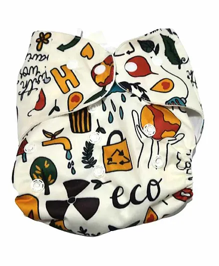 The Mom Store Eco Friendly  Printed Reusable Cloth Diaper With Insert - White