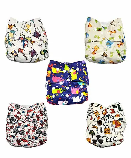 The Mom Store Multi Printed Reusable Cloth Diaper With Inserts Pack Of 5 - Multicolor