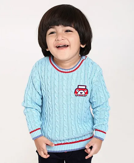 Babyoye Full Sleeves Cotton Pullover Sweater Badge Design - Blue