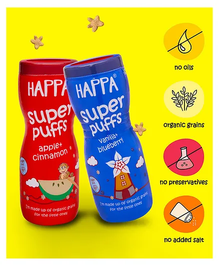 Happa Organic Multigrain Apple Cinnamom and Vanilla Blueberry Melts  Super Puffs Pack of Healthy Finger Food For Babies 8M+ 40 gm Each 