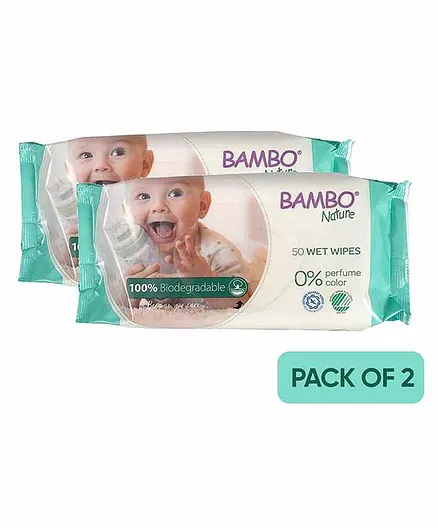Bambo Nature 100% Biodegradable Wet Wipes Pack of 2 - 50 Pieces Each