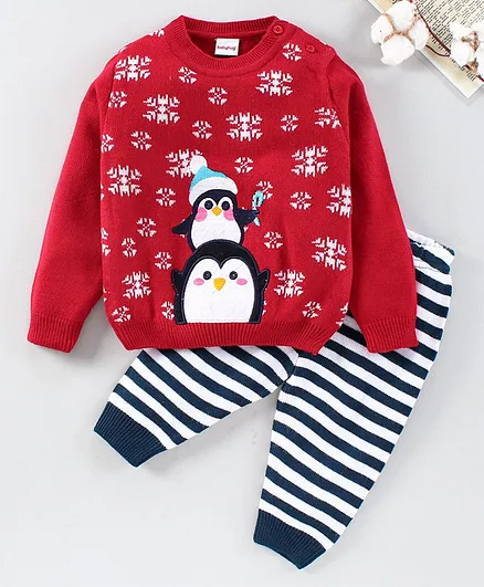Babyhug Full Sleeves Sweater Set Penguin Print - Red