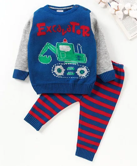Babyhug Full Sleeves Sweater & Stripe Bottoms Excavator Print - Blue Grey