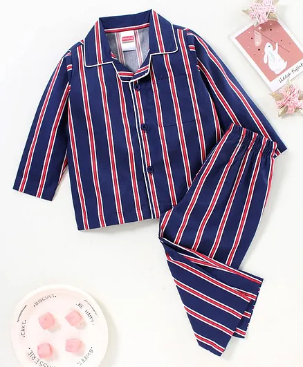 Babyhug Full Sleeves Woven Night Suit Stripes - Blue
