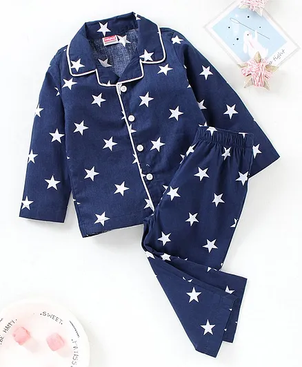 Babyhug Full Sleeves Woven Nigh Suit Star Print - Navy Blue