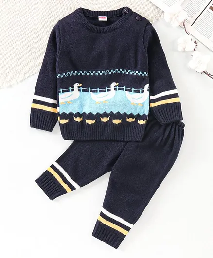 Babyhug Full Sleeves Sweater Set Duck Print - Blue