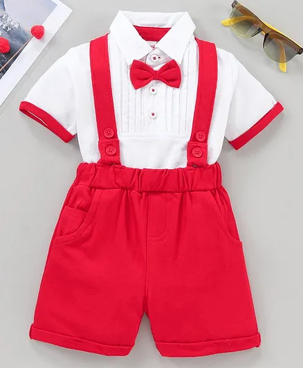 Babyhug Party Wear Half Sleeves Tee & Shorts With Suspenders  Bow - Red White