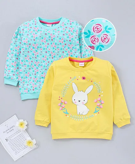 Babyhug Full Sleeves Sweatshirts Floral & Bunny Print Pack of 2 - Blue Yellow