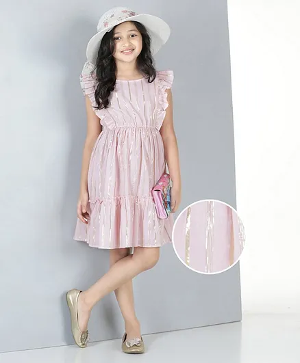 Hola Bonita Lurex Cotton Ruffle Sleeves Dress - Pink
