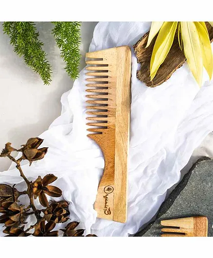 Organic B Neem Wood Wide Comb with Handle  - Brown