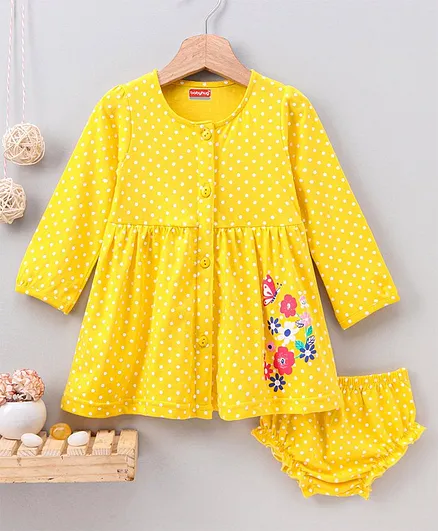 Babyhug Full Sleeves Frock With Bloomer Polka Dot Print - Yellow