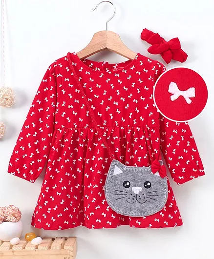 Babyhug Full Sleeves Bow Print Frock With Sling Purse And Hairband - Red