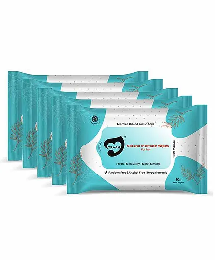 Oraah Natural Intimate Hygiene Wipes Pack of 5 - 10 Wipes Each
